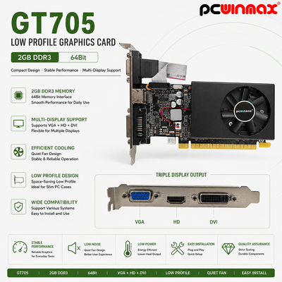 PCWINMAX GT 705 2GB 64Bit GDDR3 Low Profile Single Fan VGA DVI HD Port GPU Kartu Grafis untuk Desktop