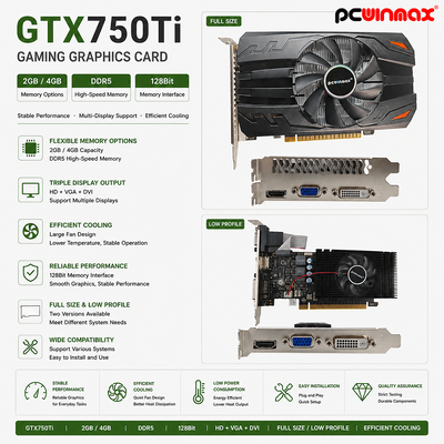 PCWINMAX Geforce GTX 750TI 4GB VGA DVI HD Kartu Grafis Desktop Gaming Kipas Tunggal