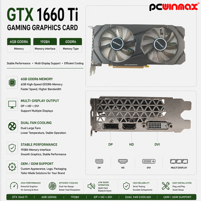 PCWINMAX Geforce GTX 1660 Ti 6GB GPU Kartu Grafis 192 Bit 1500MHz/1770MHz HD DP DVI 14Gbps Memori
